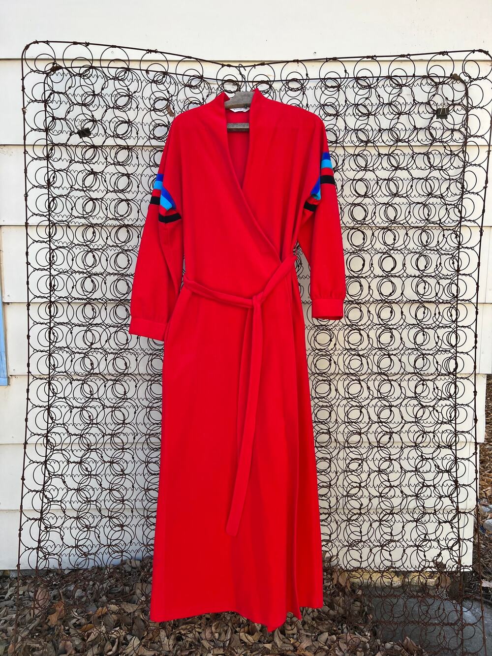 Vanity Fair red blue fleece velvet color block long bathrobe house coat SMALLa
